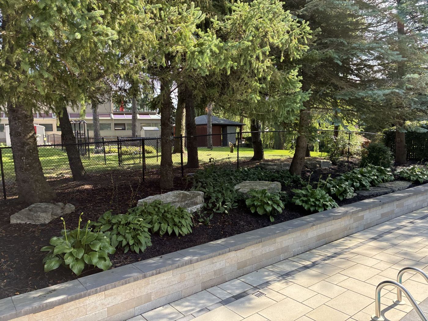 Commercial planting bed with limestone boulders, hostas, and dark mulch beside a paver walkway